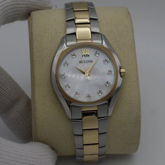 Bulova Two-Tone Steel MOP Diamond Dial Ladies Quartz Watch - Picture 1 of 5